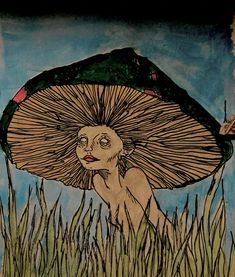 a drawing of a woman hiding under a large mushroom with her head in the grass