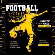 a flyer for a youth soccer tournament featuring a yellow and black player kicking a ball