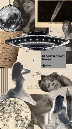 collage of photos with text and images in black and white, including an alien ship