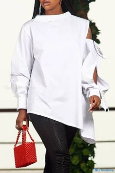 OrcaJump - Womens White Casual Solid O-Neck Asymmetrical Top with Hollowed Out Patchwork Buttons and Slit Detail Blouses Vintage, Dress Classy, Long Pullover, Tops Blouse, Loose Outfit, Tops Online, Asymmetrical Tops, Diva Fashion, Collar Top