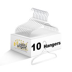 the 10 hangers are white in color and have black letters on them, which reads quality angels