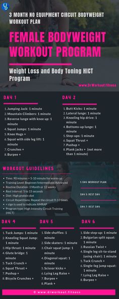 the female bodyweight workout program flyer is shown in pink and black with an image of a