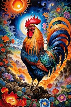 a rooster standing on top of a hill under a moon filled sky with clouds and flowers