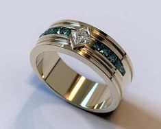 a wedding ring with green and white stones