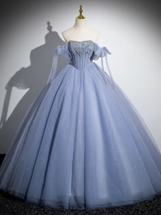 Blue Tulle Puff Sleeve Beading Princess Quinceanera Dress Fairytale Dress Princesses Ball Gowns Blue, Ball Gown Blue, Blue Ball Gown, Fairytale Gown, Ball Gown Prom Dresses, Sky Blue Dress, Blue Ball Gowns, Pretty Quinceanera Dresses, Quinceanera Dresses Blue