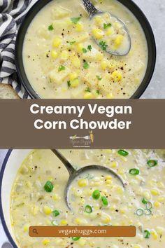 creamy vegan corn chowder in a bowl with a spoon