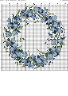 a cross stitch pattern with blue flowers on it