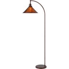 a floor lamp with an orange shade on it's arm and a wooden base