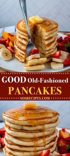 pancakes stacked on top of each other with syrup drizzled down the side