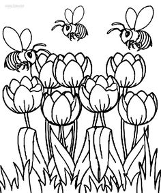 two bees flying over some flowers coloring page