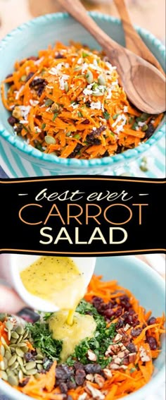 carrot salad with parmesan cheese being drizzled over it in a blue bowl