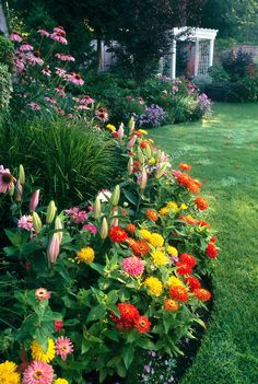 a garden filled with lots of colorful flowers next to a lush green lawn covered in grass