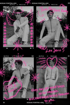 four different pictures of a man sitting on a wall with pink hearts in the background