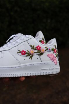 Embroidered Flower Pink Butterfly Patch Custom Air Force 1 – solecraftstudio White Air Force 1, White Air Forces, Flower And Butterfly