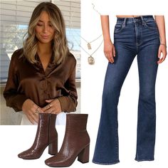 Brown Booties Outfit, Outfit For Thanksgiving, Outfit Ideas College, Satin Button Down Shirt, Layered Gold Necklace, Outfit Dark, Thanksgiving Outfit Ideas, Cute Thanksgiving Outfits, Dark Wash Flare Jeans