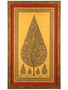 an intricately designed painting with trees and leaves in gold, red and brown colors