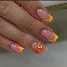 Flower Nails Orange, Pink And Orange Acrylic Nails, Pumpkin Orange Nails, Yellow And Red Nails, Orange And Yellow Nail Designs, Orange Square Nails, Gel Nails Orange, Short Orange Nails, Yellow And Orange Nails