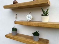 three wooden shelves with plants and an alarm clock