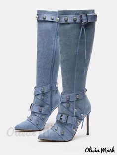 Olivia Mark - Womens Mid Calf Boots: Classy Pointed Toe Design with PU Leather, Metal Accents, and Cone Heel Girls High Heels, Women's Motorcycle Boots, Light Sky Blue, Dressy Shoes, Canvas Boots, Stiletto Boots, Estilo Chic, Zipper Boots, Womens Mid Calf Boots