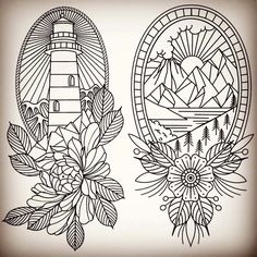 an image of two flowers and a lighthouse in the background, with one drawing on it