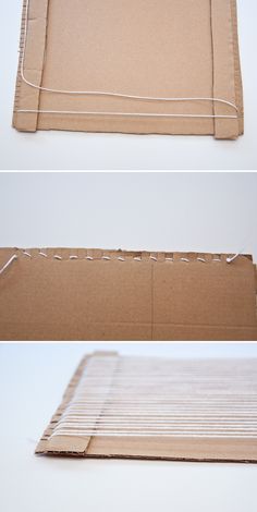 an open cardboard box with white string on the bottom and inside, showing how to make it