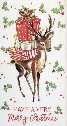 a christmas card with a deer carrying presents