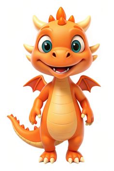 an orange cartoon dragon with big eyes and large horns, standing upright in front of a white background