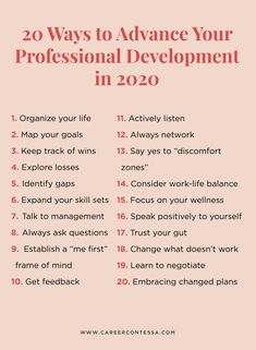 a pink poster with the words 20 ways to advance your professional development in 2020 on it