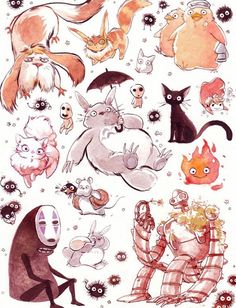 an image of some animals and cats on a white paper with watercolors in it