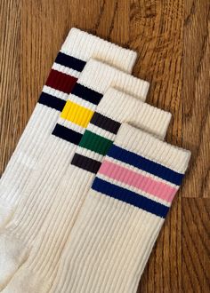 Experience the comfort and craftsmanship of our Retro Sock, made in USA with USA cotton and a vintage-inspired look. Softly cushioned and designed to lend an old school fashion statement, it's a perfect addition to any outfit. Classic striped athletic socks. Crew Height. Universal Fit.  Features: Knitted in small batches in the USA Machine wash warm, tumble dry low, no bleach 82% USA grown cotton, 15% nylon, 3% spandex Size Chart: SIZE CHART (USA sizes): SmallMen 4-7, Women 3-6 MediumMen 6-9, Women 7-10 LargeMen 9-12, Women 10-13 Retro Socks, Striped Tube Socks, School Socks, Outfit Classic, Old School Fashion, Retro Stripes, Striped Socks, Tube Socks, Athletic Socks