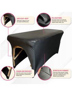 an image of a black table cover with instructions on how to put it in place