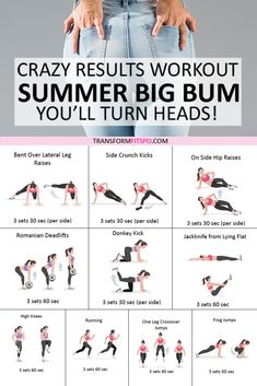 a woman doing yoga poses with the text, crazy results workout for summer big bum you'll turn heads