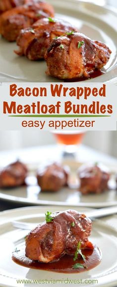 bacon wrapped meatloaf bundles on a white plate