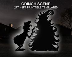 a black and white silhouette of a witch next to a house with the words grinch scene on it