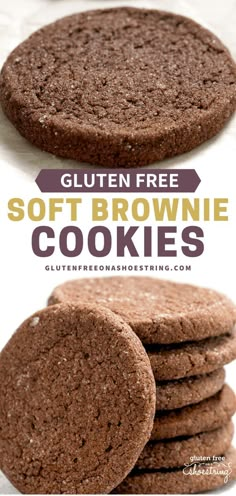 gluten free soft brownie cookies stacked on top of each other with text overlay