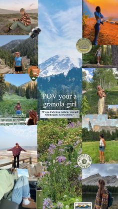 a collage of photos with people and mountains in the background, including trees, grass, flowers, water, and other things