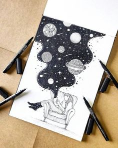 a drawing of a man sitting in a chair under a tree with planets on it