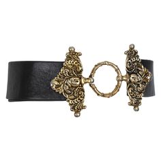 Guaranteed to be the focal point of any outfit, this belt is a hybrid of a traditional wide belt and a waist cincher thanks to its oversized scrolling gold buckle. Featuring two gold triangles with Rococo relief, the buckle clasps invisibly around a center ring. Best of all, it is fully adjustable via an interior D-ring so it can be worn over a thin dress or multiple layers by simply lengthening the strap. Dark brown wide leather belt with round center hook and link and oversized Rococo flanges; adjustable to size 36. Backed in slightly lighter brown leather. material: leather, goldtone metal noteworthy: wipe with damp cloth repairs: none condition: excellent with intentional tarnishing to bare silver metal at highest relief points on buckle measurements: leather strap length: 35” from end Fancy Belt Buckle, Fantasy Belt Buckle, Bee Belt, Fantasy Belt, Unique Belts, Big Belt, Golden Belt, Statement Belt, Oc Inspo