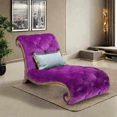 a purple chaise lounge chair sitting on top of a rug in a living room