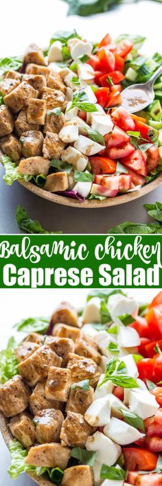 this salad has chicken, lettuce and tomatoes on it