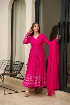 Add a touch of elegance to your wardrobe with this stunning pink georgette suit set. Beautifully embroidered with intricate designs, this set is perfect for any special occasion. Pink Georgette Anarkali, Georgette Kurtis, Pink Anarkali Suits, Kurti Fashion, Georgette Suit, Pink Anarkali, Georgette Anarkali