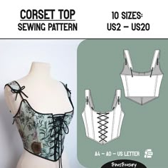 the front and back view of a corset top sewing pattern