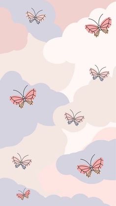 three pink butterflies flying in the sky with clouds behind them on a pastel background