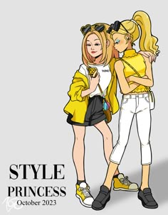 two young women are hugging each other in front of a gray background with the words style princess on it