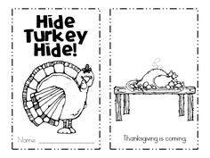 two thanksgiving cards with turkeys on them and the words hide turkey hide written in black ink