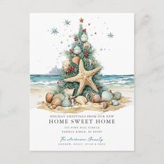 a christmas tree on the beach with seashells and starfish is featured in this holiday card