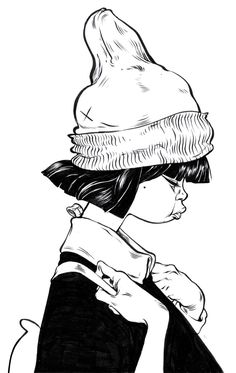 a black and white drawing of a woman wearing a hat