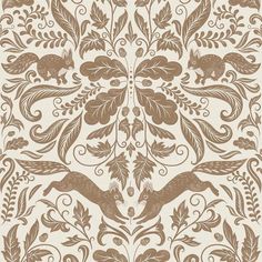 an intricately designed wallpaper with brown and white designs on the sides, including two birds