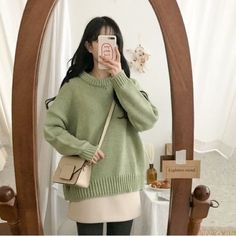 South Korean Fashion! Made In Korea! Pullover - Perfect For The Winter Months Never Worn Before - New Without Tags Fits Like A Small/Medium Sage Sweater Outfit, Sage Clothes, Korean Fashion Green, South Korean Fashion, Korean Clothing Brands, Green Clothes, Aesthetic Header, Mint Green Aesthetic, White Long Skirt