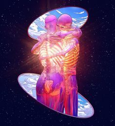 two people hugging each other in the middle of space with stars and clouds behind them